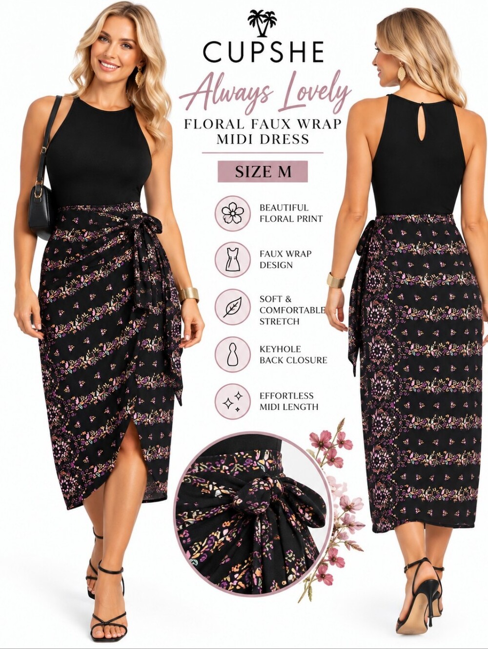 Cupshe Always Lovely Floral Faux Wrap Midi Dress – Size Medium NWT